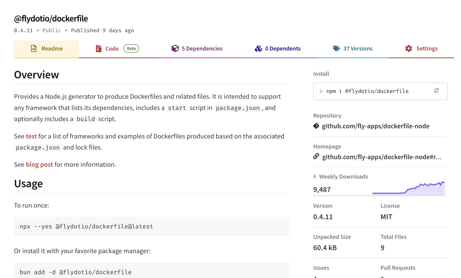 Screenshot of the main webpage for the Dockerfile generator package from npmjs.com