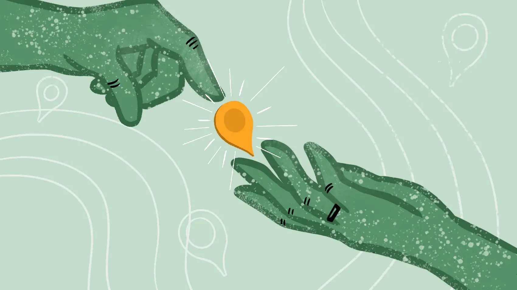 Sharing a glowing Google Maps Marker between two green hands.