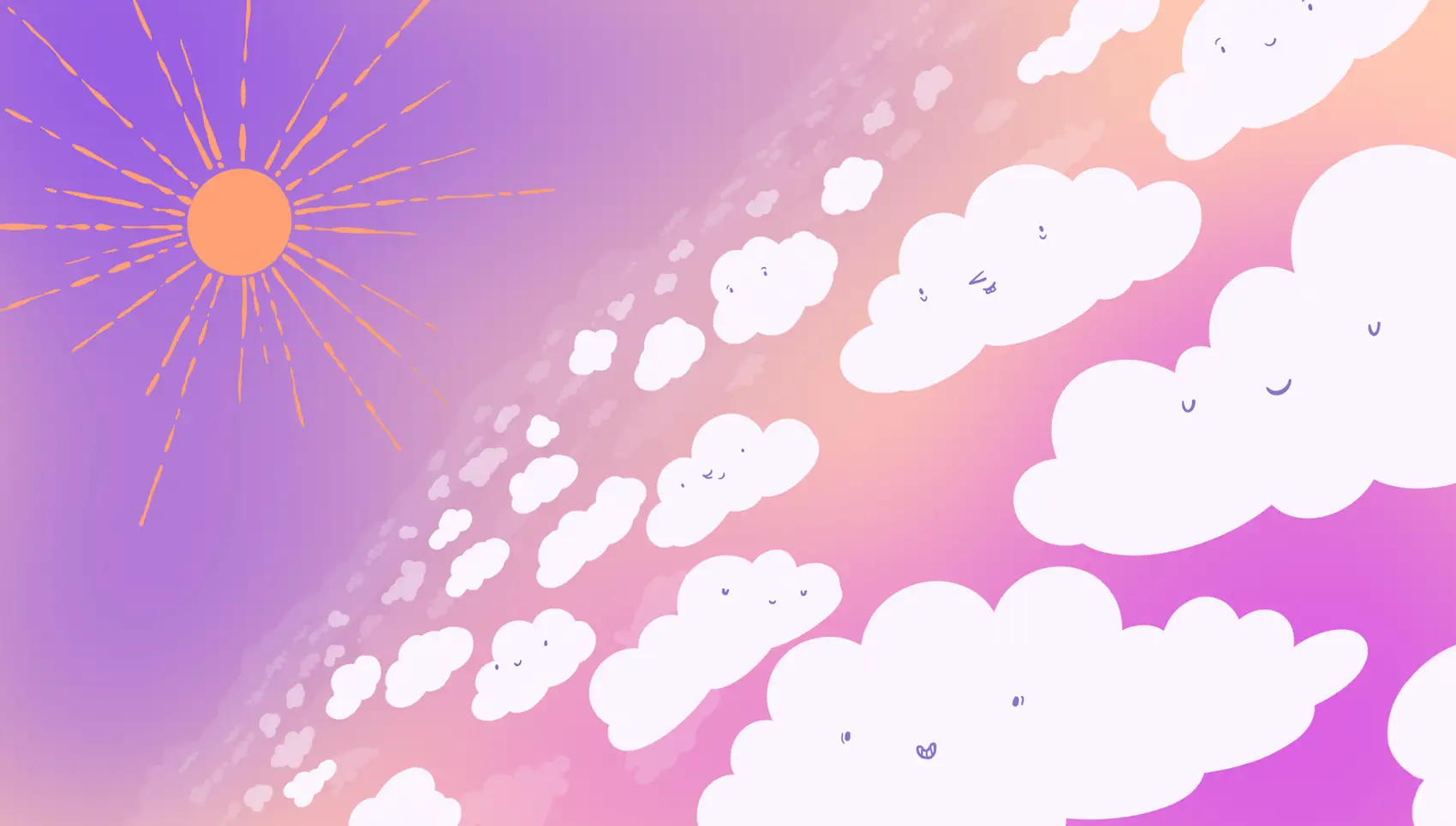 A purple-ish pink-ish sunny sky with happy fluffy clouds.