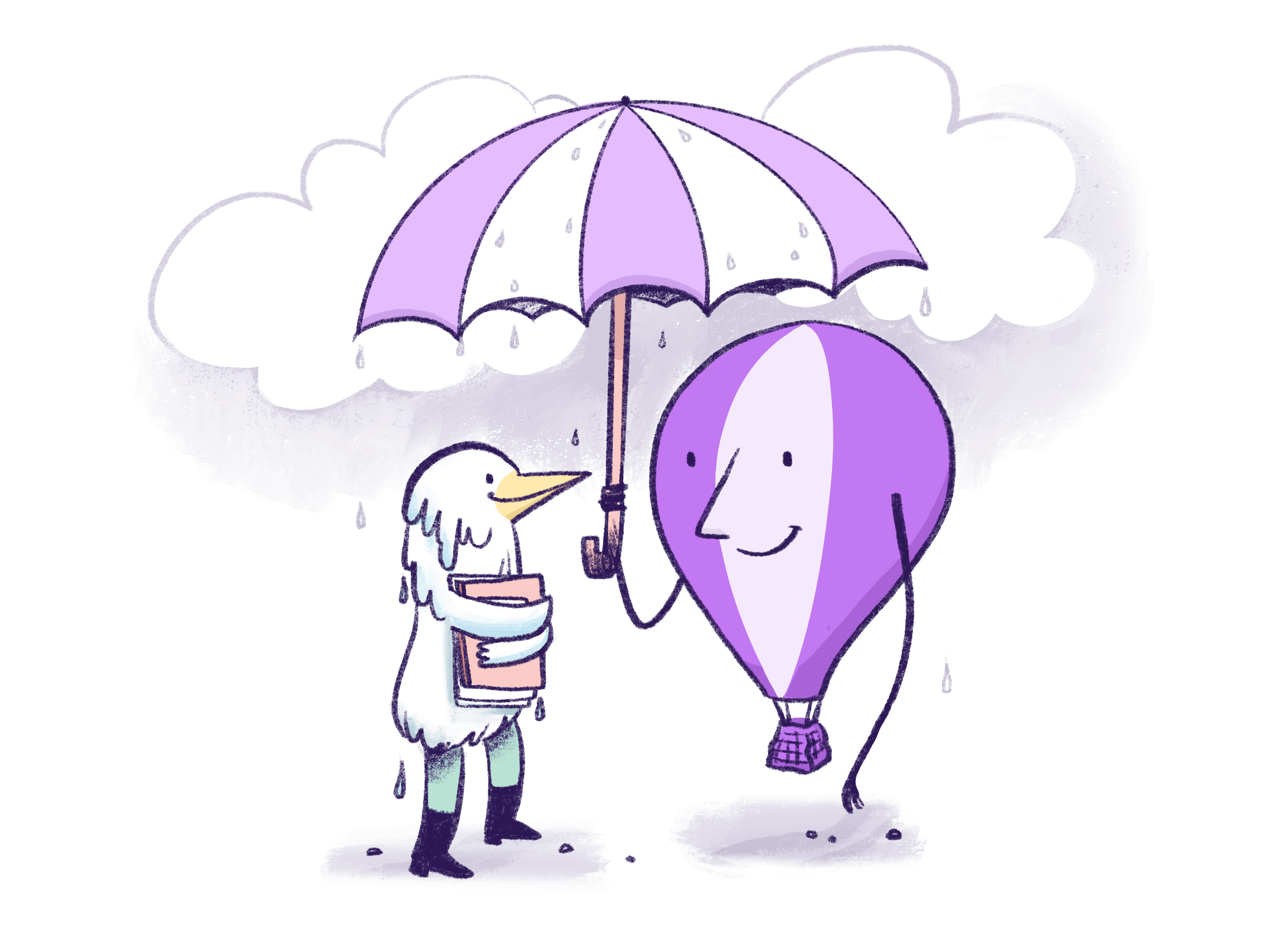 Illustration by Annie Ruygt of Frankie the hot air balloon holding an umbrella to protect a bird from the rain