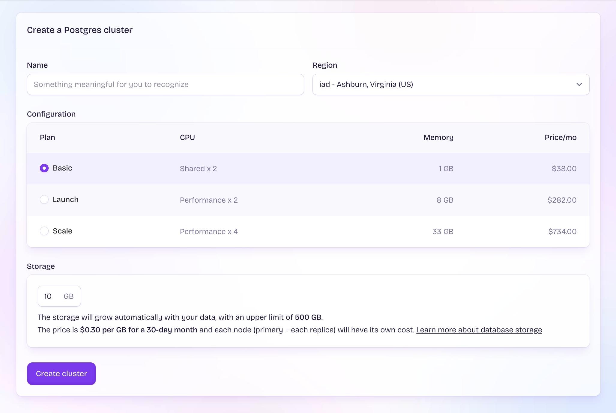 A screenshot of the Managed Postgres creation page.