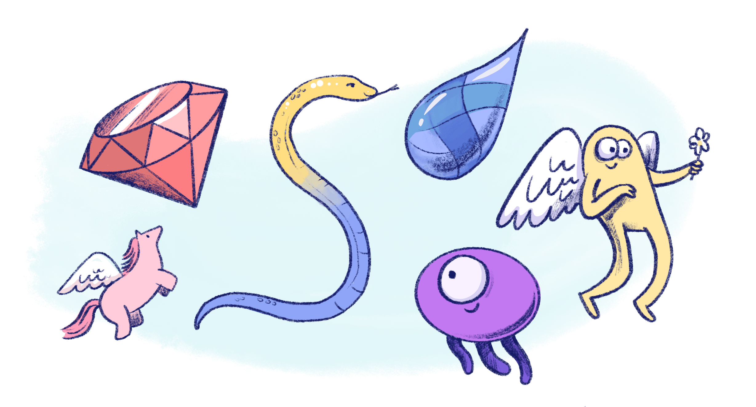 Illustration by Annie Ruygt of different programming frameworks mascots floating together