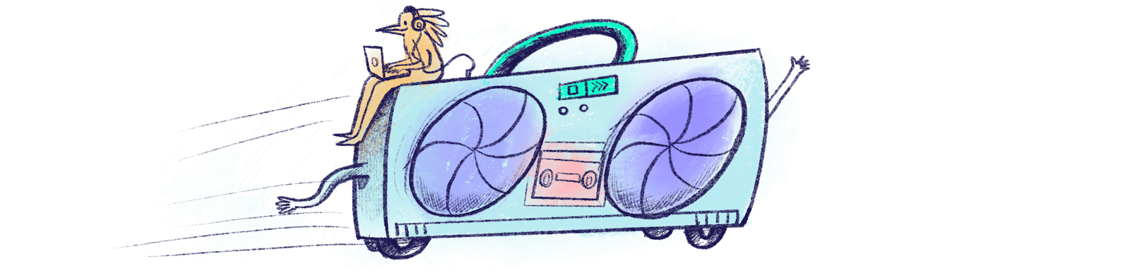 Illustration by Annie Ruygt of a developer sitting on a boombox