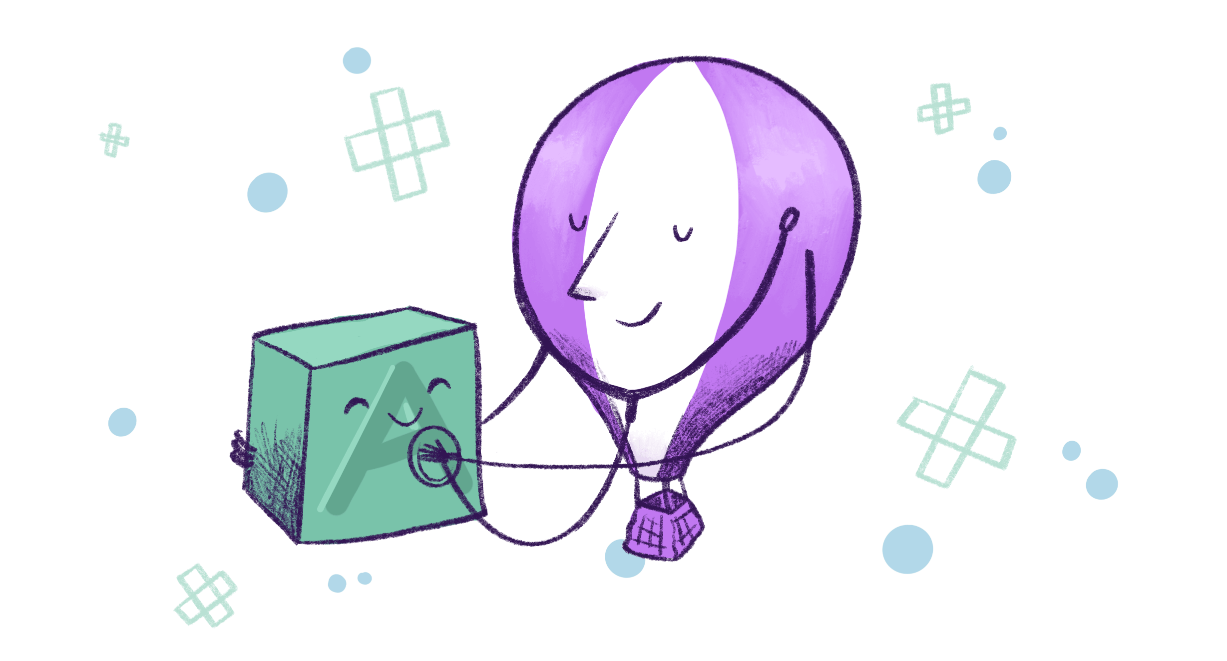 Illustration by Annie Ruygt of Frankie the hot air balloon examining a green box with A written on it