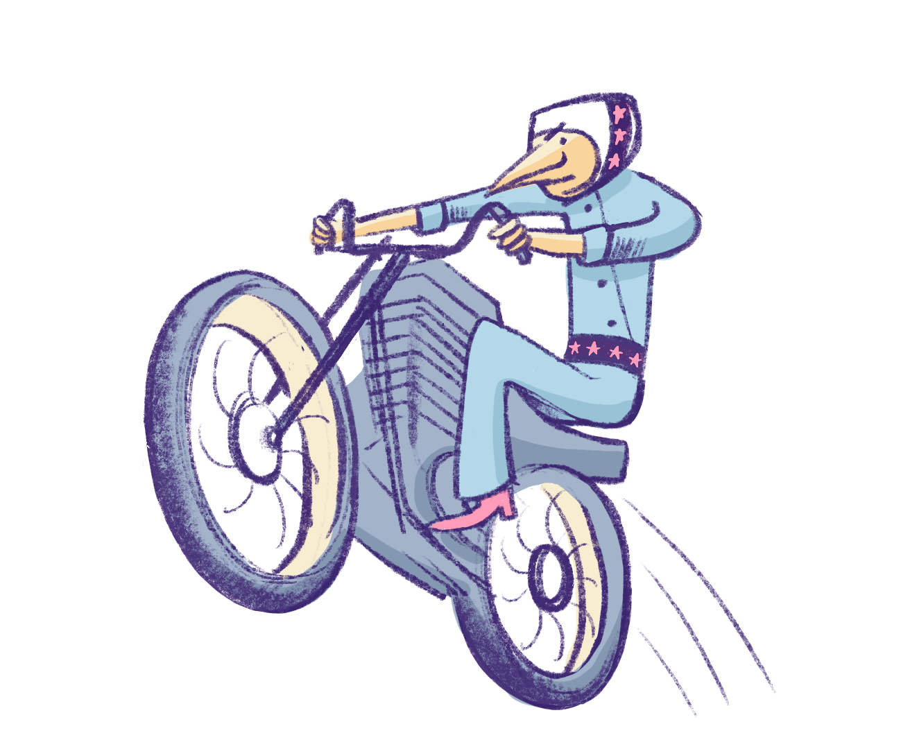 Illustration by Annie Ruygt of a phoenix jumping with a motor bike