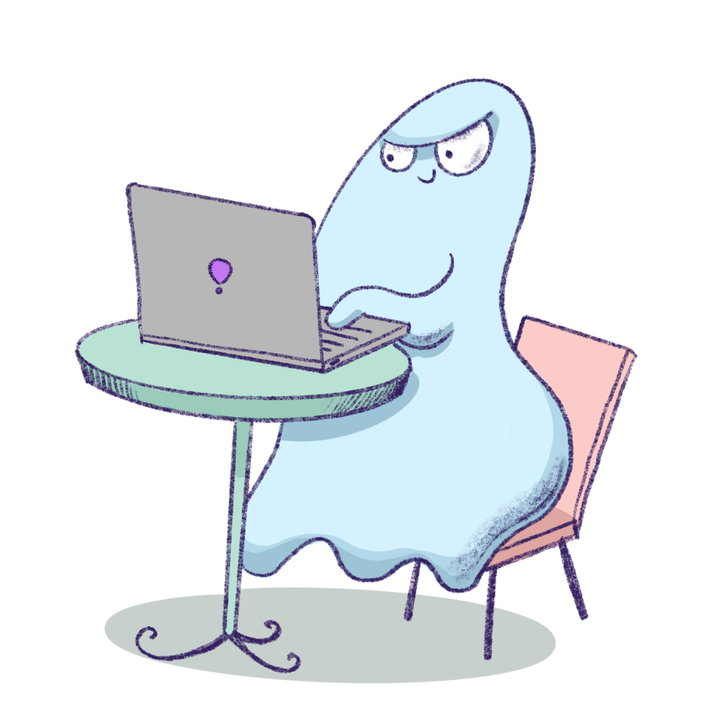 Illustration by Annie Ruygt of a smirking ghost sitting infront of a laptop